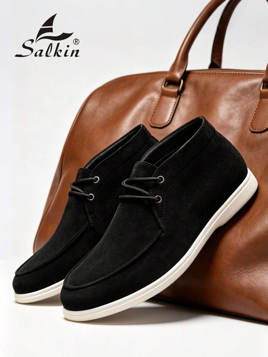 Salkin Fashion Designer Men's Moccasin Solid Color Soft Suede Lace-Up Loafers For Men Ankle Boots Affordable Luxury For Modern Living Ankle Boots Gentleman Business Social Shoes Men's High-Top Boots Daily Office Party Men's Wedding Shoes Couple Dating Romantic Dinner Holiday Gift Back To School Student Casual Shoes Collegiate Style, Please Select Size Up One - Black - View 1