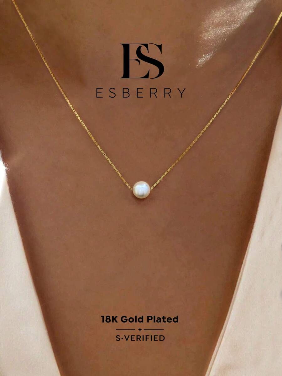 ESBERRY 1件 6mm-10mm 简约 S925 纯银单颗珍珠项链，女士珠宝，婚礼新娘配饰