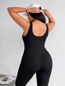 Oillpretty 1pc Black Plus Size Women's Ribbed Sleeveless Bodysuit, Small Notch U-Neck Wide Strap U-Shaped Back, High Elasticity Tummy Control Waist Shaping Butt Lifting Bodycon Jumpsuit, Suitable For Yoga Fitness, Streetwear, Daily Commute, Plus Size Shapewear - Black - View 3