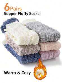 6 Pairs Plush Lined Soft Warm Wool Slippers Socks, Winter Warm Socks, Christmas Gift, Ideal Choice For Women In Autumn - Multicolor - View 1