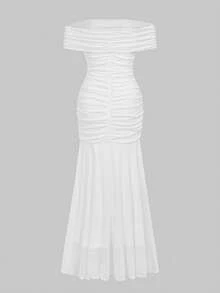QUNGIGU Women Elegant Mesh Long Dress Off The Shoulder Summer Apparel For Graduation Evening Banquet Bridesmaid - White - View 5