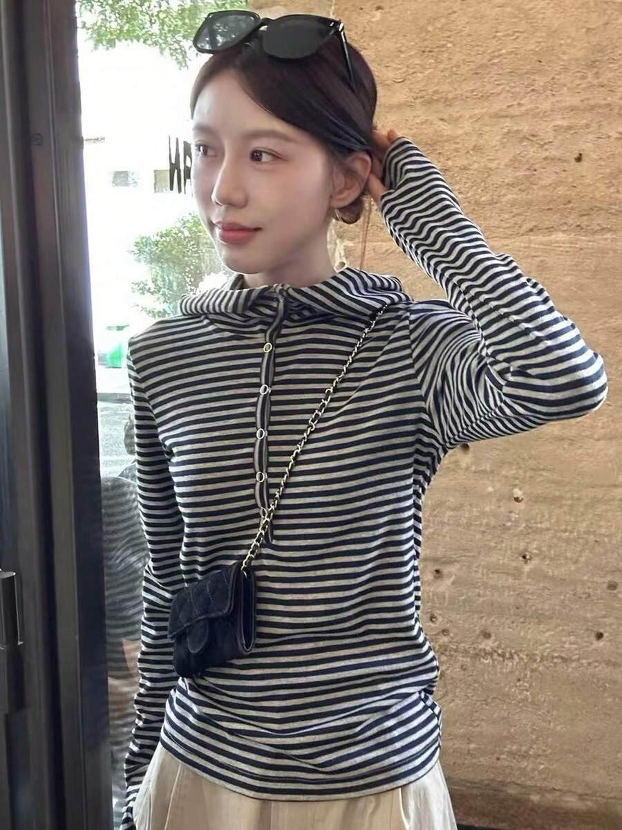 Women's Korean Style Chic Striped Hooded Long Sleeve T-Shirt, Slim Fit Flattering Base Layer Top For Early Autumn - Navy Blue - View 1
