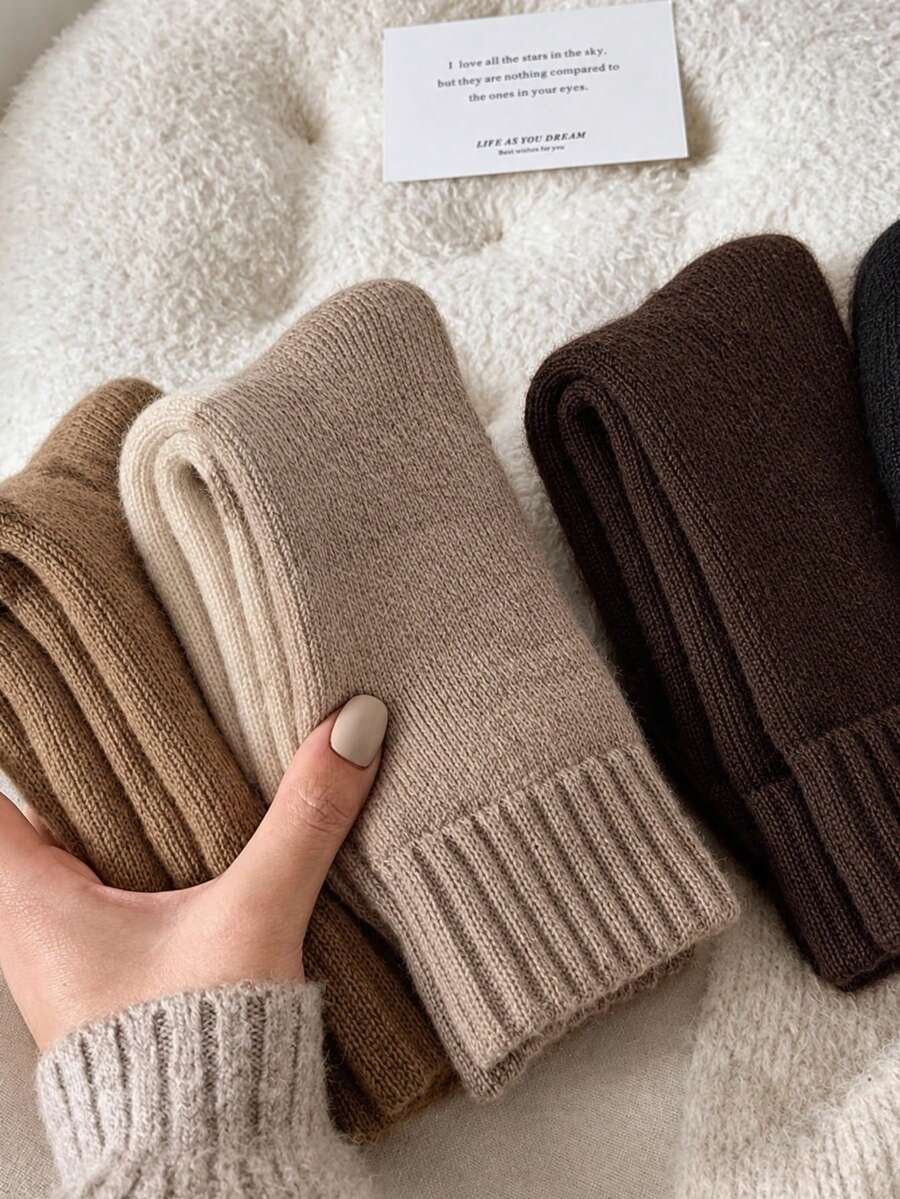 3 Pairs Random Fluffy Korean Style Winter Warm Thermal Lined Thick Solid Color Mid-Calf Socks - Multicolor - View 1