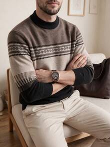 Men's Thick Patterned Knit Sweater, Casual British Style Business Commute Knitwear, Runs Small - Coffee Brown - View 4