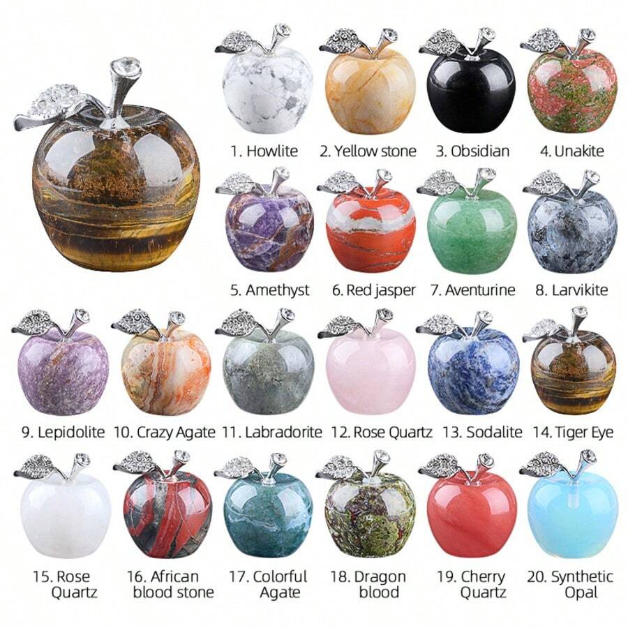 Gemstone Apple Sculpture With Rhinestone Leaf, Natural Crystal Apple Ornament, Polished Stone Tabletop Decoration, Wedding & Holiday Decor Gift - Multicolor - View 1