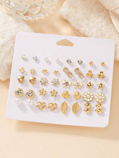 20 Pairs Minimalist Women's Stud Earrings Set, Flower, Bow, Heart, Asymmetrical Geometric Earrings Combination, Suitable For Casual, Daily, Commute Wear, Jewelry Gift