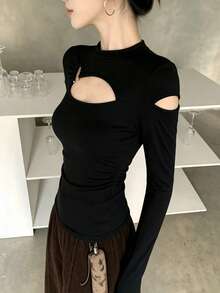 Women's Black Hollow Out Long Sleeve Top, Knitted Round Neck Regular Sleeve, Medium Stretch Autumn Outfit - Black - View 8