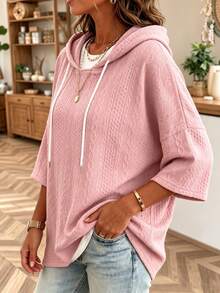 Women's Plus Size Solid Color Hooded Pullover Sweatshirt, Textured Knit Fabric, Drop Shoulder 3/4 Sleeve & Drawstring Design, Autumn Casual Outfit Choice - Pink - View 4