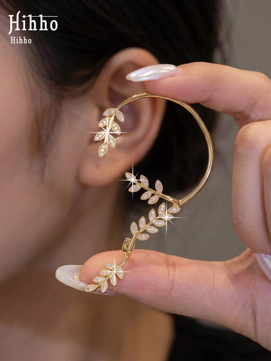 Hihho 1pc Single Ear Leaf Rhinestone Stud Ear Cuff, Copper Plated Ear Cartilage Ear Hook Jewelry, Suitable For Daily, Holiday, Commute, Date Wear - Leaf Ear Cuff - View 1