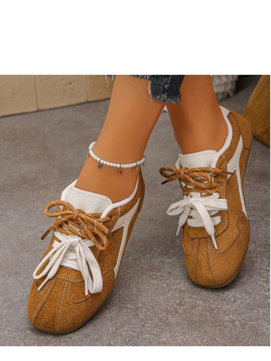 Women's Colorblock Retro German Trainer Shoes, Flat Lace-Up Sneakers, Lightweight Versatile Casual Skate Shoes - Camel - View 1