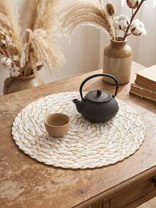 1/2/4/6/12pcs Cream White With Gold Line Accents Placemats, Elegant Style, Linen Material, Round Wavy Edge And Gold Embroidery Detail, Stain-Resistant Tabletop Protection And Decorative Function, Suitable For Daily Breakfast And Exquisite Table Setting - White - View 2