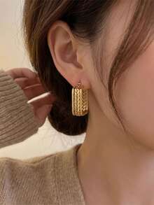 RAYQUEEN 1 Pair New Fashion Heart Square Rhombus Stainless Steel Personalized Large Stud Earrings For Women, Suitable For Daily Wear - Gold - View 3