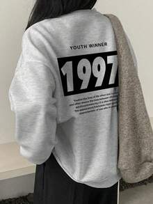 Minimalist Brand 1997 Large Number Print Heather Gray Crew Neck Sweatshirt Oversize Unisex Basic Autumn/Winter Sweatshirt - Light Grey - View 1