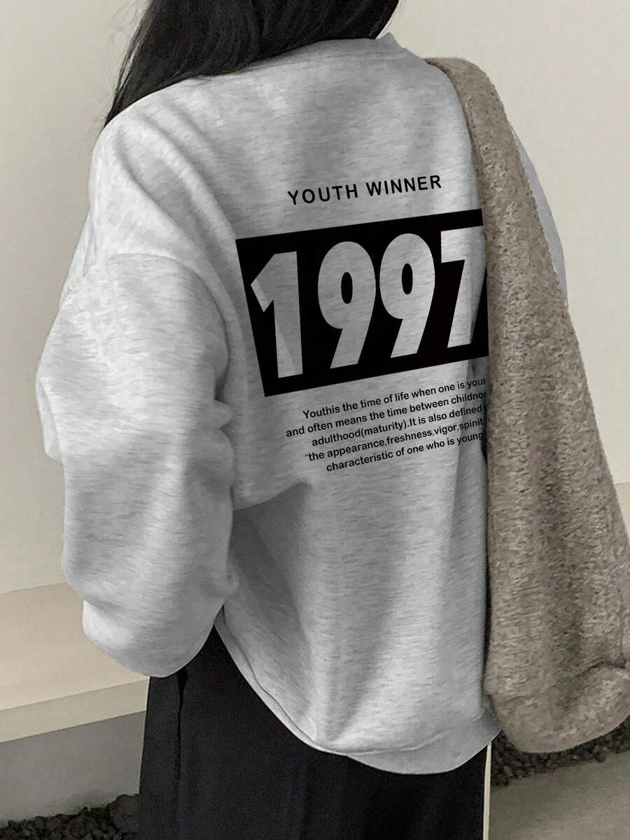 Minimalist Brand 1997 Large Number Print Heather Gray Crew Neck Sweatshirt Oversize Unisex Basic Autumn/Winter Sweatshirt - Light Grey - View 1