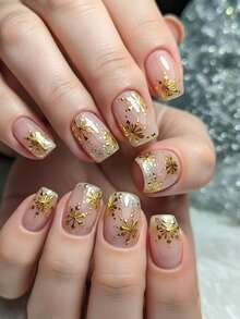 24PCS Christmas Gentle Nude Snowflake Press‑On Nails, Clear Nude Base With Golden Snowflake Print On Nail Tips, Versatile False Nails For Commute & Banquet - Gold - View 9