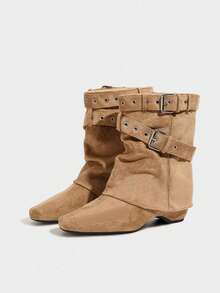 French Blogger Style Pointed Toe Wide Shaft Knee-High Boots, Nordic Kitten Heel Riding Boots For Women - Khaki - View 8