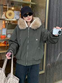 Women's Autumn/Winter Puffer Padded Coat With Large Fur Collar And Hood - Green - View 8