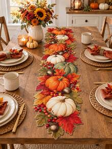 1pc Autumn Pumpkin Linen Table Runner, Harvest Theme Layered Pumpkin, Maple Leaf, Berry & Acorn Pattern, Asymmetrical Shape Rustic Farmhouse Style Dining Table Decor, Suitable For Thanksgiving Dinner, Autumn Party, Kitchen, Dining Table & Home Decoration - Multicolor - View 3