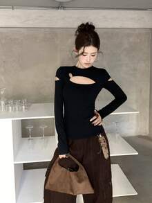 Women's Black Hollow Out Long Sleeve Top, Knitted Round Neck Regular Sleeve, Medium Stretch Autumn Outfit - Black - View 6