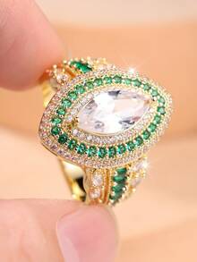 1 Women's Ring With A Gorgeously Set Marquise-Cut White Zirconia And Multi-Layer Green Zirconia Pave Setting-An Accessory For Banquets And Parties - Yellow Gold - View 1