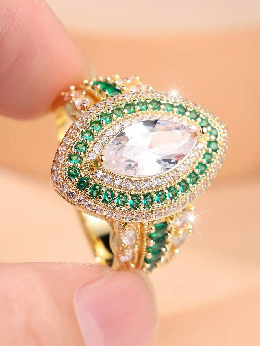 1 Women's Ring With A Gorgeously Set Marquise-Cut White Zirconia And Multi-Layer Green Zirconia Pave Setting-An Accessory For Banquets And Parties - Yellow Gold - View 1