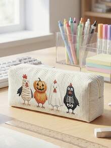 1pc Halloween Skull Jack-O'-Lantern Print Corduroy Pencil Case, Zipper Large Capacity Stationery Storage Pouch For Student School Daily Study - Multicolor - View 12