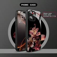 1pc Elegant Rich Lily Pattern Glass Material Phone Case, High-End And Sophisticated, Suitable For Apple Tempered Glass - Black - View 5