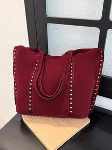 1pc Vintage Punk Rivet Tote Bag, Large Capacity Commuter Bag, Shoulder Handbag, Suede Open Top Bag, Daily Storage Bag, Suitable For Girls/College Students/Young People, Applicable For Commuting, Campus Outings, Daily Shopping - Multicolor - View 8