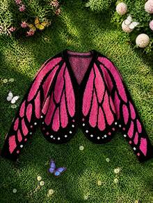 1pc Women's Butterfly Wing Print Short Knit Cardigan Y2K Style Top Suitable For Street, Travel, Party Fall - Hot Pink - View 3
