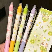 4pcs Lemon Popsicle Cat Quick-Dry Pens, Ins Style Highly Attractive Student Girl Heart Black Retractable Pens, Minimalist 0.5mm Refill - Multicolor - View 4