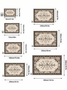 1PC Beige Black Brown Abstract Geometric Plant Vine Pattern Bohemian Carpet, Vintage Faux Cashmere Rectangular Symmetrical Geometric Vine Pattern With Multiple Rhombus Jagged Border Details, Machine Washable Area Rug, Suitable For Living Room Bedroom, All Season Home Decor - Multicolor - View 3