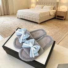 Women Fuzzy Plush Slide Slippers, Waffle Bow Decor Open‑Toe Soft Warm Indoor Bedroom House Slippers - Grey - View 4