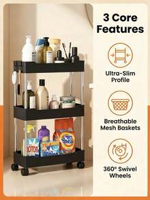 1pc Black Rolling Storage Rack, Floor-Standing, Multi-Layer Design, Suitable For Bathroom, Toilet, Gap, Living Room, Kitchen And Other Places, Tiered Storage Rack - Multicolor - View 2