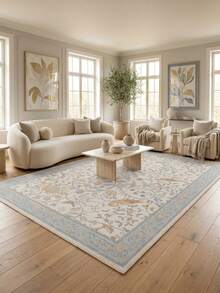 1PC Cream, Light Blue, Orange & Gold Bird & Vine Pattern Vintage Luxury European Style Area Rug, Elegant Classical Pastoral Style Faux Cashmere Rectangular Full Coverage With Dynamic Bird And Curly Branch & Leaf Details, Machine Washable, Suitable For Holiday Celebration/Party Decor, Aesthetic Home Decoration - Multicolor - View 2
