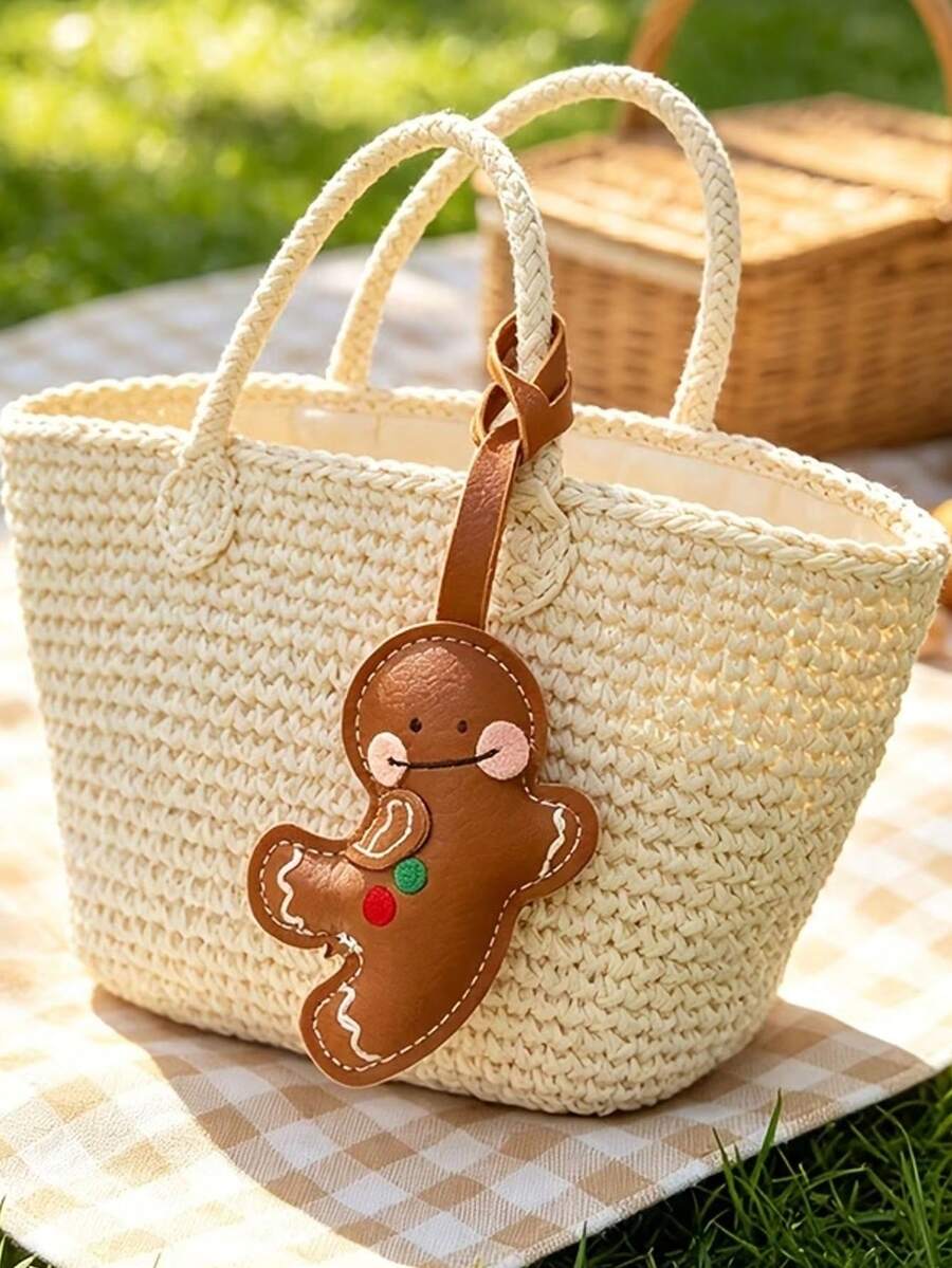 Vintage PU Leather Gingerbread Man Pendant, Handmade Stitched Blushing Little Man Keychain Bag Charm, Cute Christmas Decor Backpack Accessory, Niche Healing Style Girls Portable Pendant Gift - Multicolor - View 1
