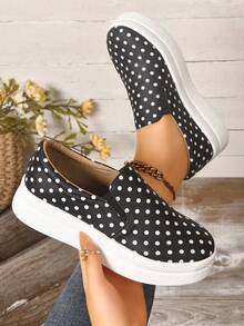 Women's Black Polka Dot Thick Sole Slip-On Casual Versatile Fashion Shoes - Black - View 1
