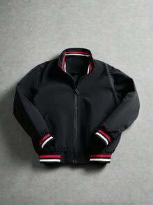 Teen Boys Solid Color Zipper Front Bomber Jacket With Arm Zipper Pocket, Casual Windproof Baseball Collar Outerwear For Autumn/Winter - Black - View 2