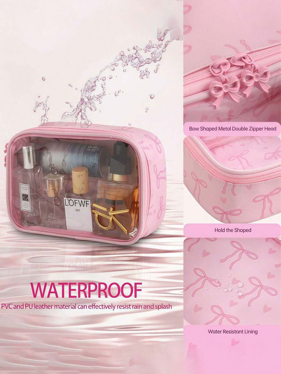 1pc Cute Bow Print Transparent PVC Cosmetic Bag,Waterproof PU Large Capacity Portable Travel Toiletry Bag,Zipper Makeup Organizer Pouch For Women Girls - Pink - View 1