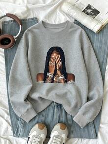 Women's Plus-Size Fashionable And Versatile Crew Neck Sweatshirt, Portrait Graphic Print, A Casual And Streetwear Top For Autumn And Winter. - Grey - View 7