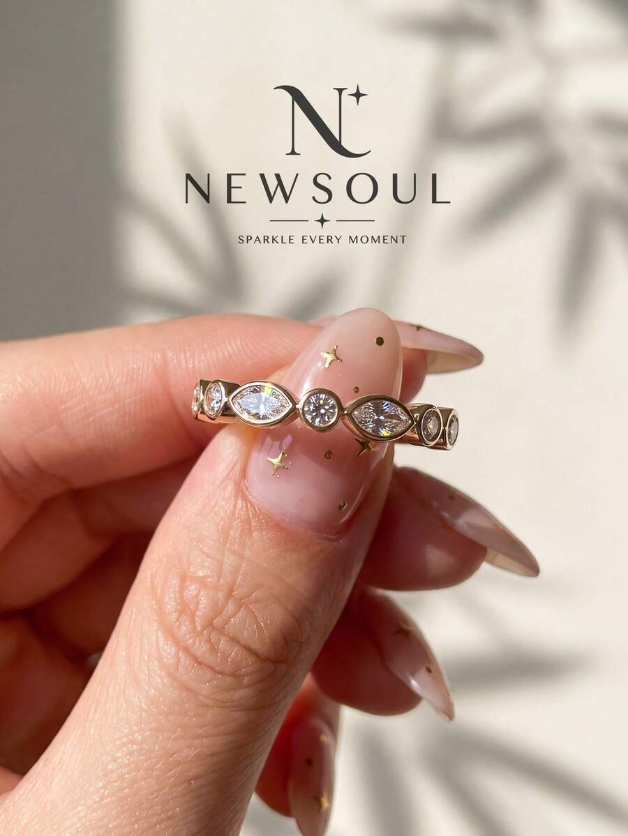 1pc 1.5-2mm Round Cut Wedding Band Ring, Half Eternity Ring, Half Pave Diamond Embedded, Stackable
