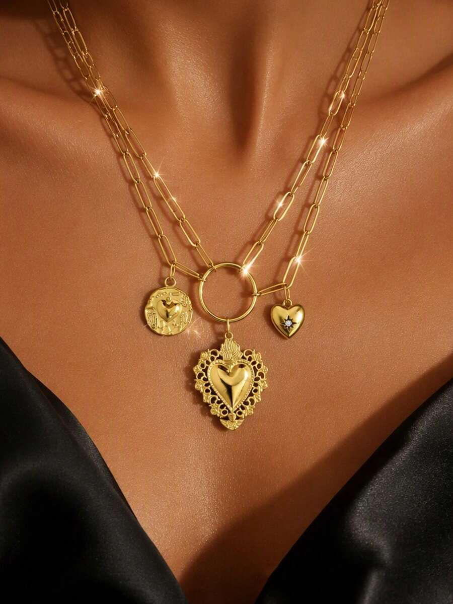 VceTd 1PC Fashion Sweet & Spicy Style Stainless Steel Multi-Layer Necklace With Paperclip Chain And Heart Pendant, Suitable For Women's Daily Wear, Vacation, Party Or Gift - Yellow Gold - View 1