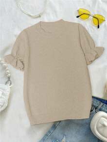 Women's Casual Solid Color Round Neck Ruffle Short Sleeve Loose Fit T-Shirt, Spring/Summer Style, Suitable For Dating And Daily Wear - Khaki - View 9