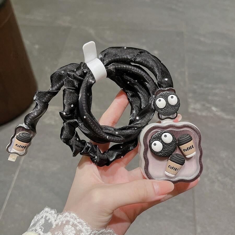 مجموعة 5 قطع واقي كابل TPU لكابل 20 واط البريطاني، مضاد للسقوط، مضاد للخدش، واقي أنبوب كابل لطيف بتصميم كرة فحم سوداء - كرة قهوة فحمية - مشاهدة 1