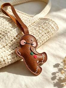 Vintage PU Leather Gingerbread Man Pendant, Handmade Stitched Blushing Little Man Keychain Bag Charm, Cute Christmas Decor Backpack Accessory, Niche Healing Style Girls Portable Pendant Gift - Multicolor - View 2