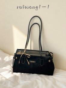 1pc Retro Suede Underarm Shoulder Bag, Plaid Bow Ornament Splicing Faux Leather Strap Daily Commute Ladies Handbag - Black - View 9