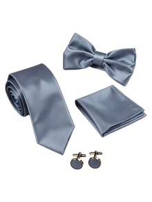 4pcs Men's Business Fashion Versatile Solid Color Polyester Tie & Bow Tie & Pocket Square & Cufflinks Set, Suitable For Weddings, Ceremonies And Daily Wear - Light Grey - View 2