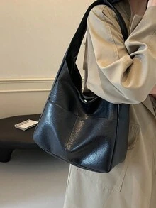 现代简约风格纯色女士单肩包，时尚高端褶皱纹理设计手提包，百搭休闲校园通勤包，适合大学生日常使用，轻便大容量学生单肩包 - 黑色 - 查看 3