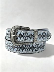 Medieval Style Vintage Leather Belt With Viking Style Pattern And Rivet Decoration, Nostalgic Punk Style, Suitable For Various Occasions. Diamond Grid Court Style PU (Polyurethane) Women's Belt For All Seasons - Light Grey - View 4