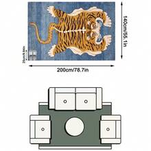1PC Blue Background Orange-Brown Tiger Animal Totem Pattern Traditional Middle Eastern Style Carpet, Vintage Exotic Folk Style Faux Cashmere Tiger Skin Outline Tiger Stripe Detail With White Border Feature Machine Washable Area Rug, Suitable For Living Room Bedroom All Season Home Decor - Multicolor - View 14