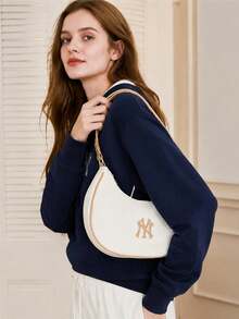 MLB Daily Commute Outdoor Sports Casual Travel Shopping Handbag Colorblock Embroidered Crescent Shoulder Bag 3ABQS014N-50CRD - Dark Cream - View 2